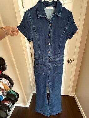 Dark Indigo Denim Jumpsuit with Front Buttons